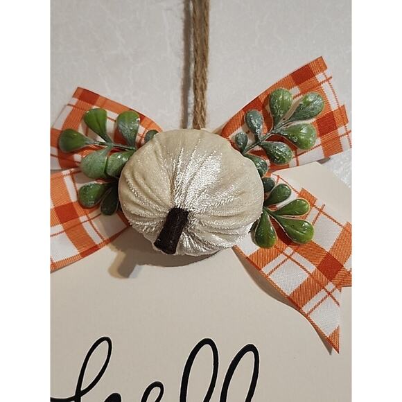 Set of 2 Fall Hanging Signs Pumpkins Ribbon Hello Fall Hello Pumpkin 8" Diameter - Picture 6 of 7